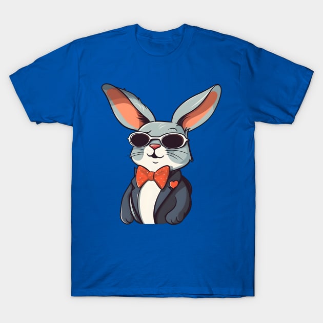 Dapper Bunny in a Suit, Bow Tie, and Sunglasses T-Shirt by ObscureDesigns